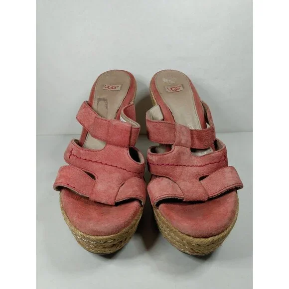 UGG Australia Tawnie Salmon Pink Suede Espadrille Wedge Heel Sandal Sz 6 F29012A - Picture 2 of 10